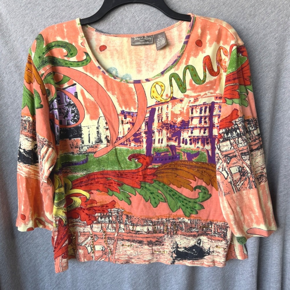 100% Cotton Jane Ashley Grandma‎ Cottagecore Venice Italy Graphic Top Orange 1X